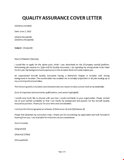 Quality Assurance Cover letter