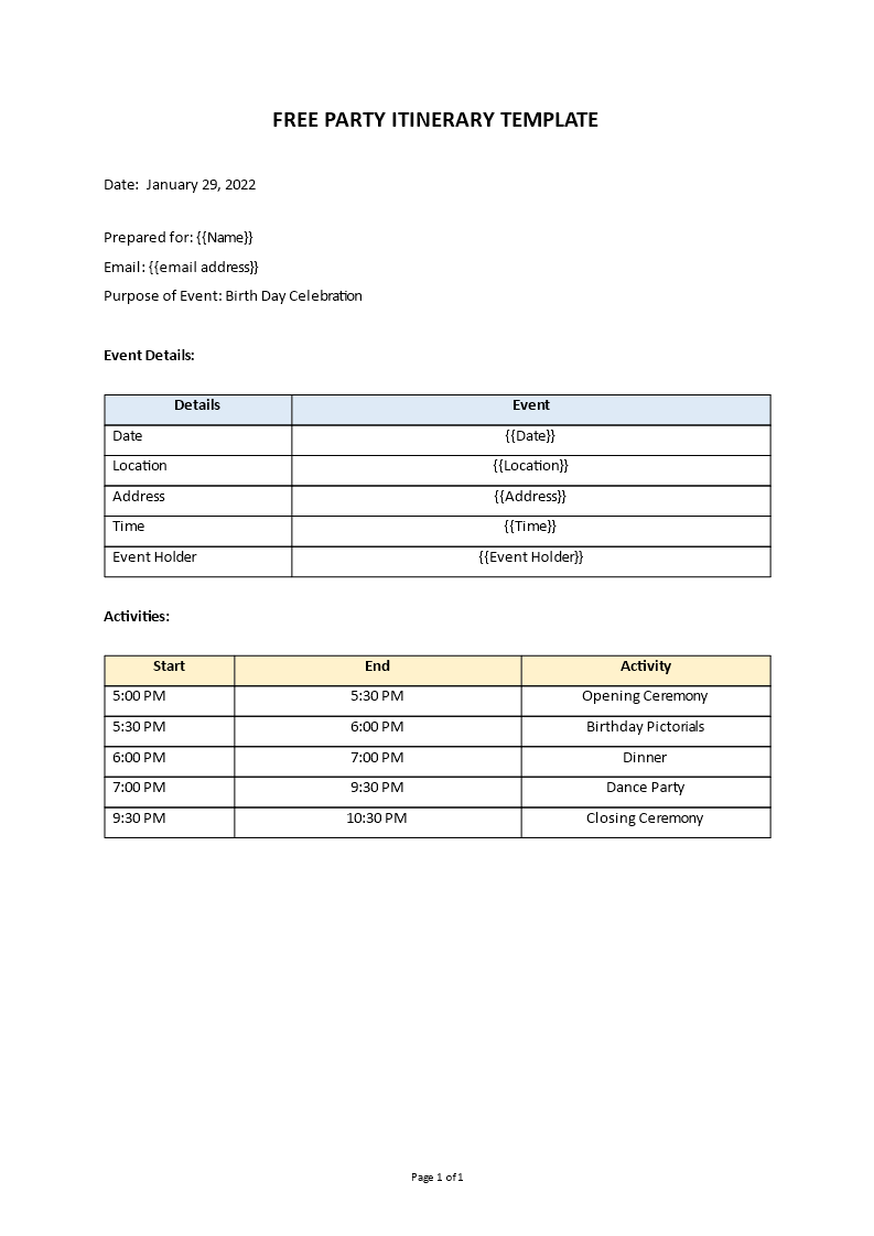 party itinerary template