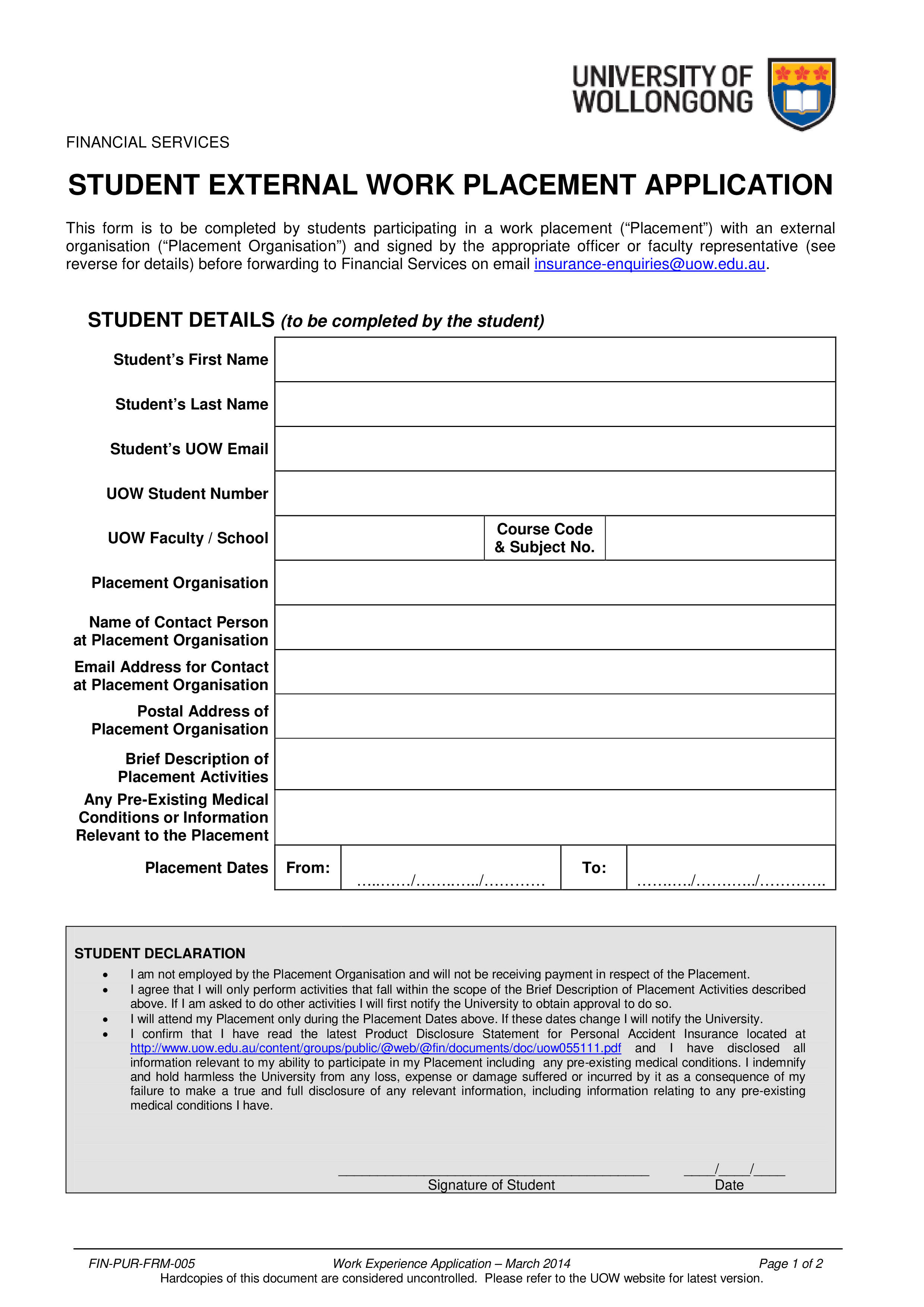 Work Experience Application Template work-experience-application-template