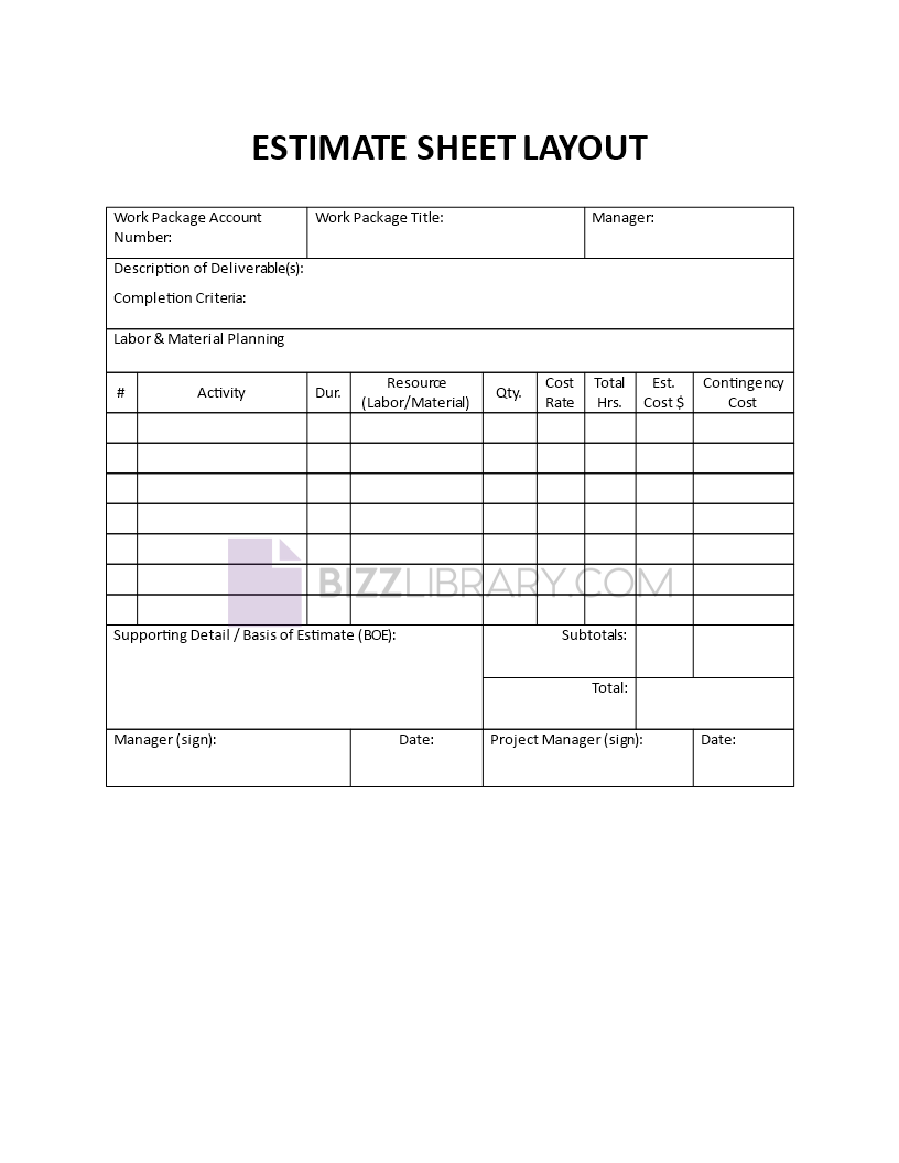estimate sheet layout