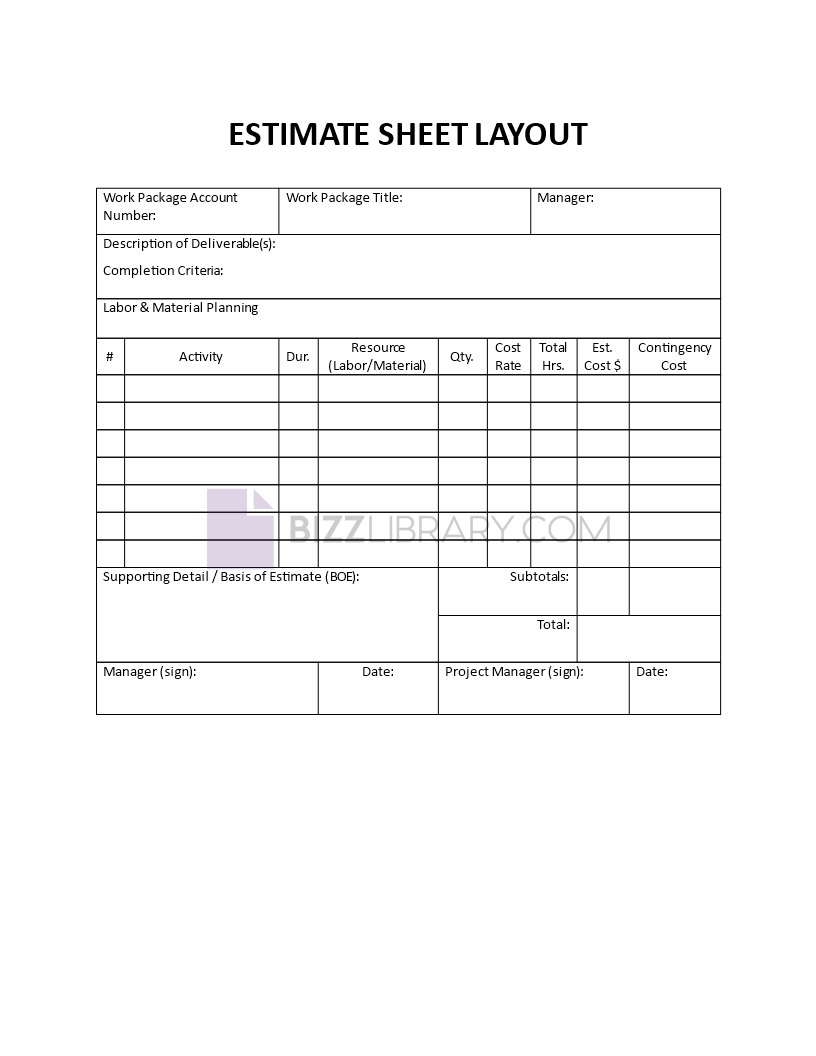 estimate sheet layout Main Image estimate sheet layout