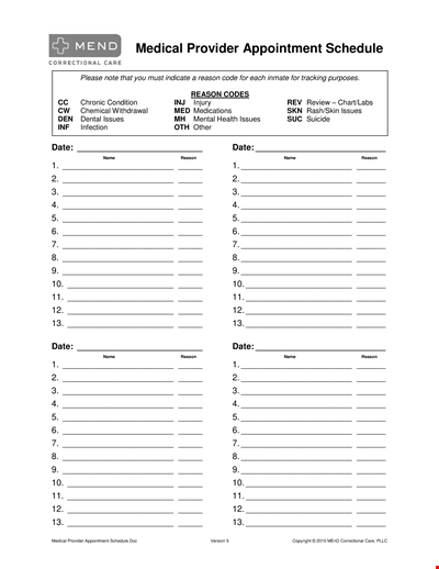 Printable Medical Appointment Scheduling | Manage Medical Issues & Reasons