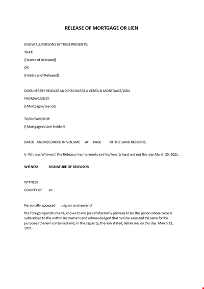 Release of mortgage lien (Satisfaction of Mortgage) Form