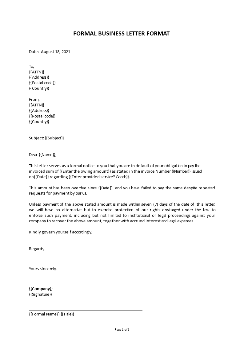 formal business letter format template