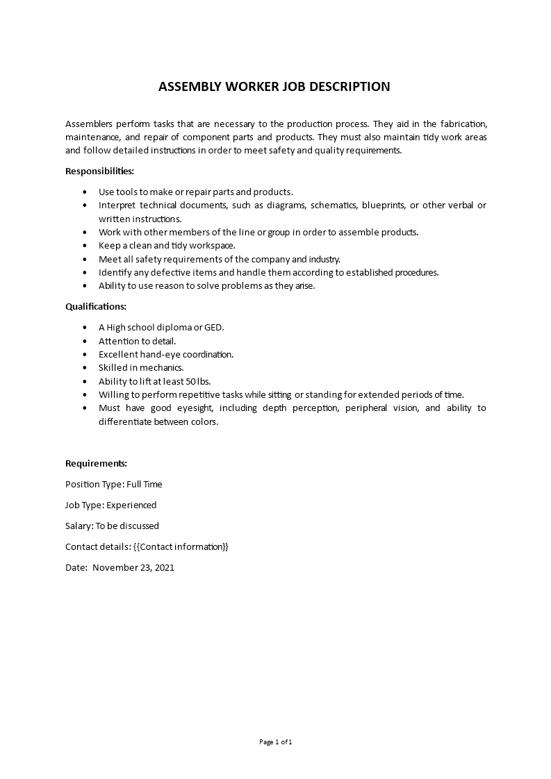 assembly worker job description Main Image assembly worker job description