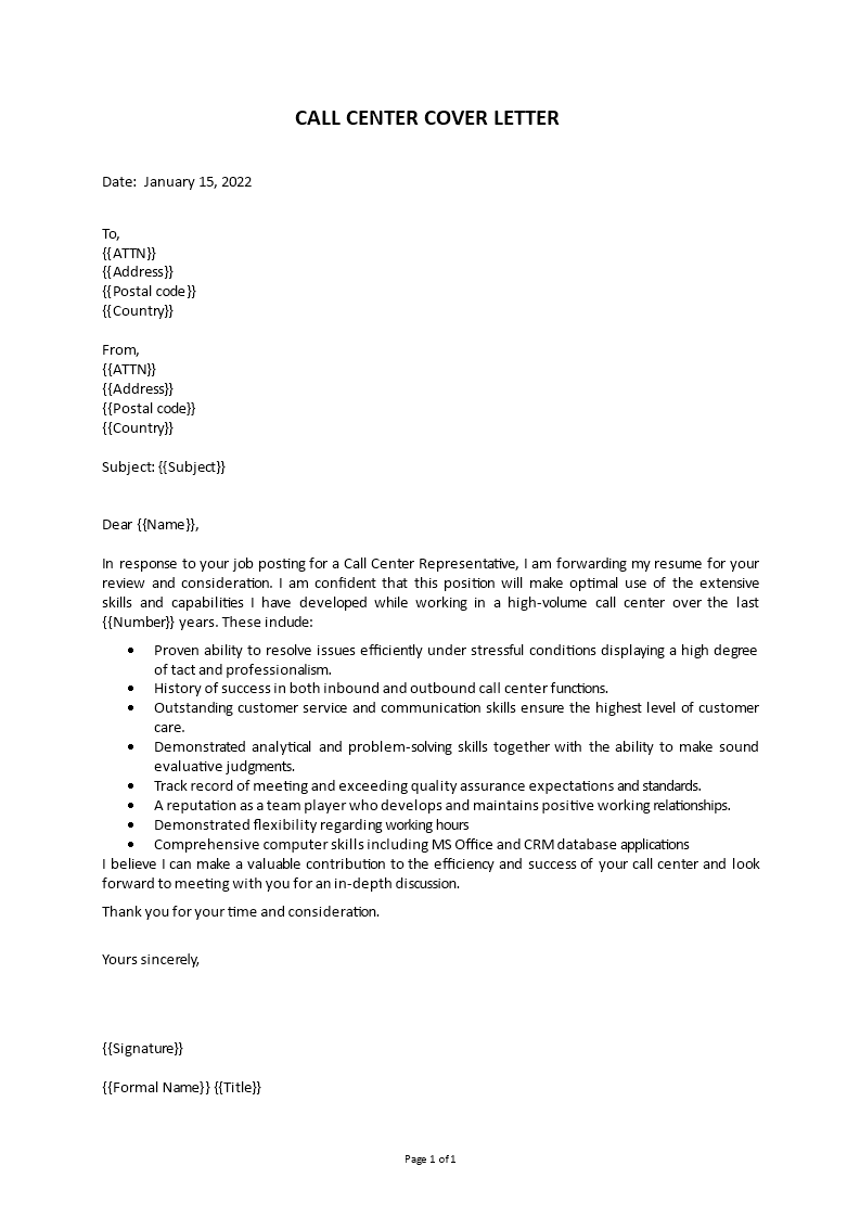 call center representative cover letter