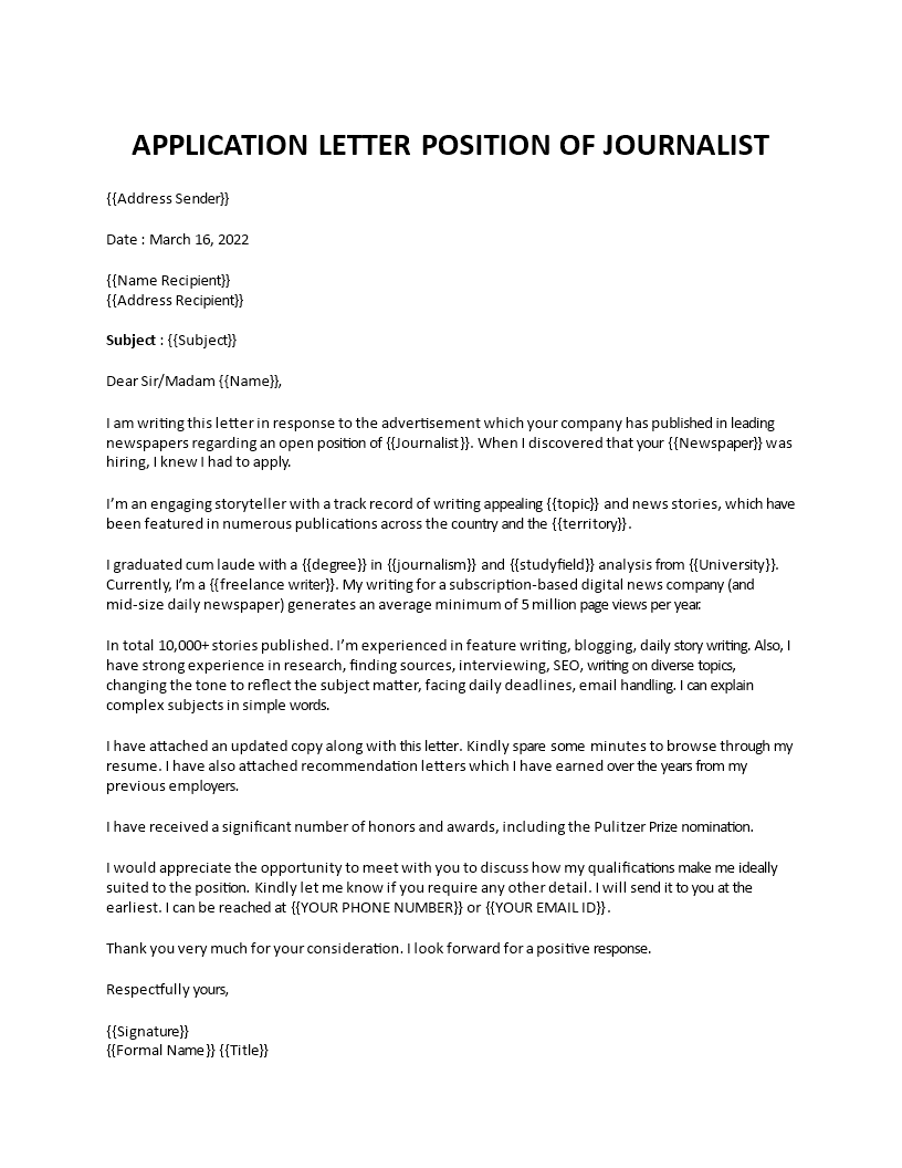 job application as a journalist template