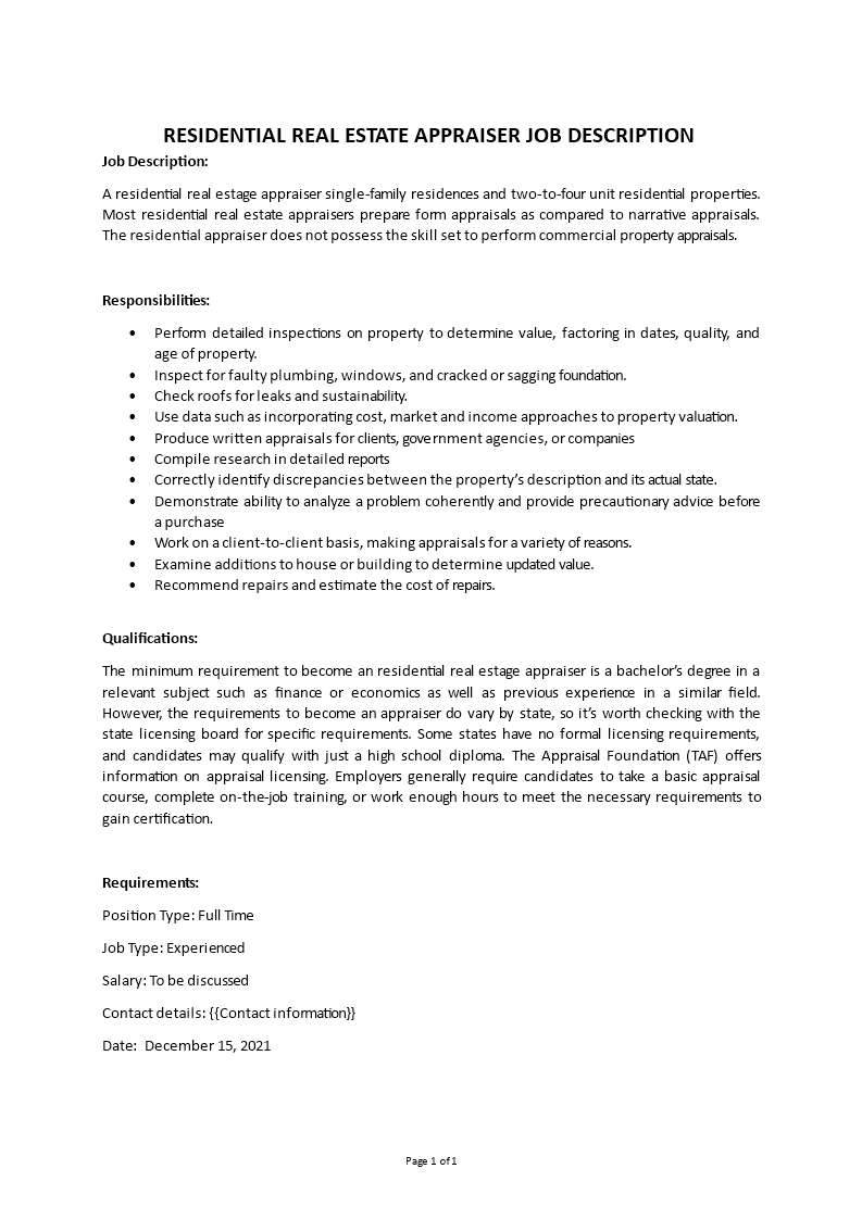residential real estate appraiser job description