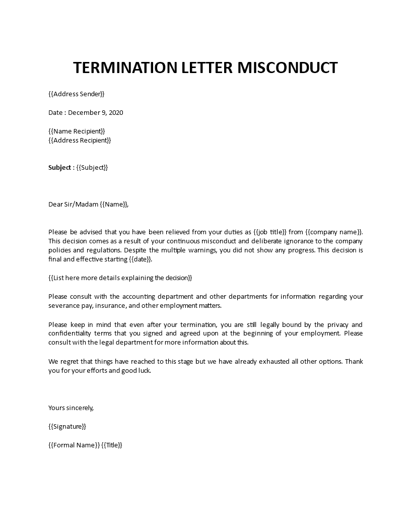 termination letter misconduct