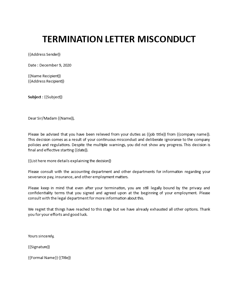 Termination letter misconduct