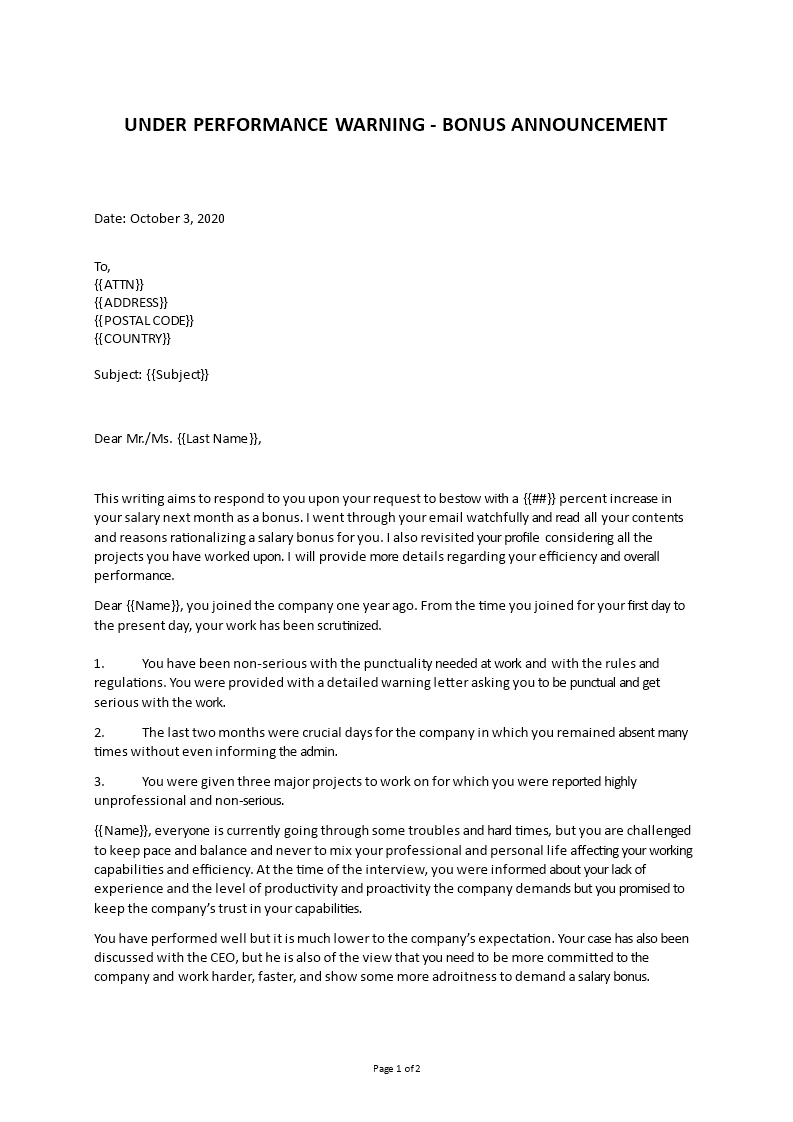 Underachieving No Bonus Announcement Letter