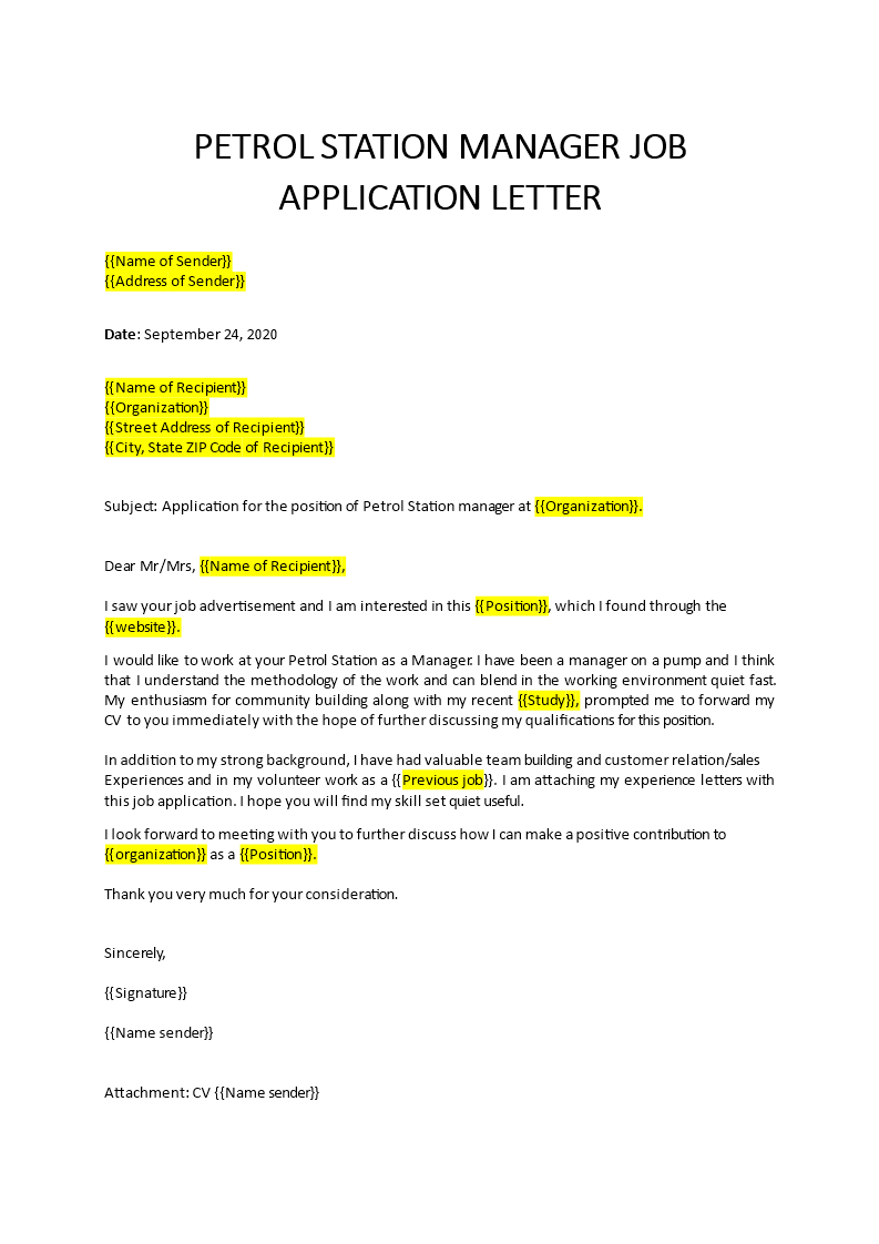 petrol station manager cover letter