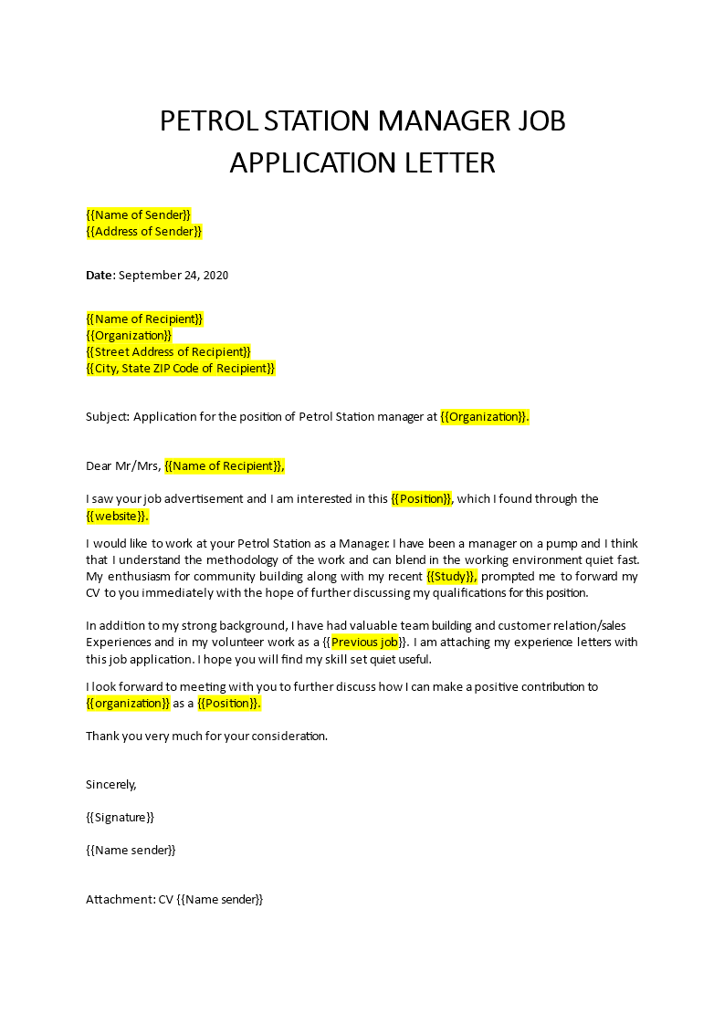 application letter to work at filling station