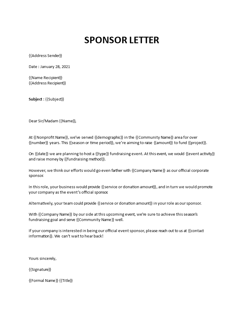 sponsor letter  template
