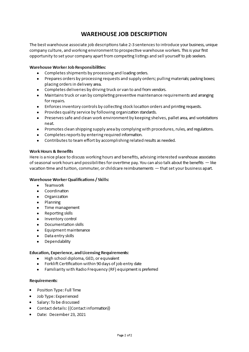 warehouse associate job description example