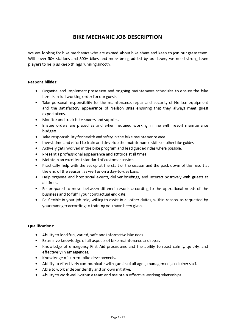 bike mechanic job description