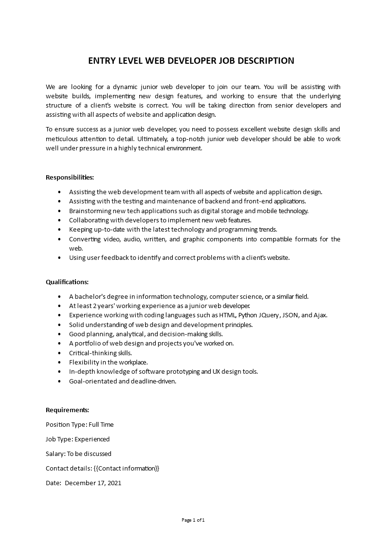 web developer fresher job description