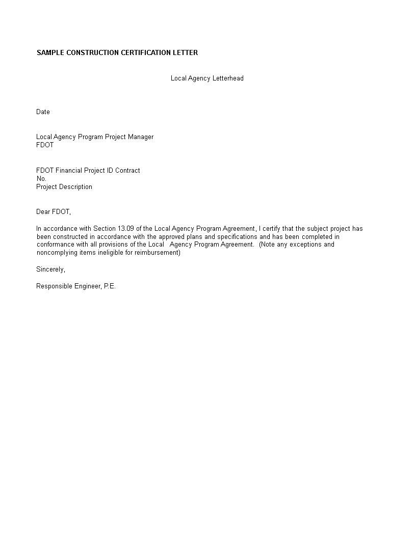 Sample Agency Certification Letter