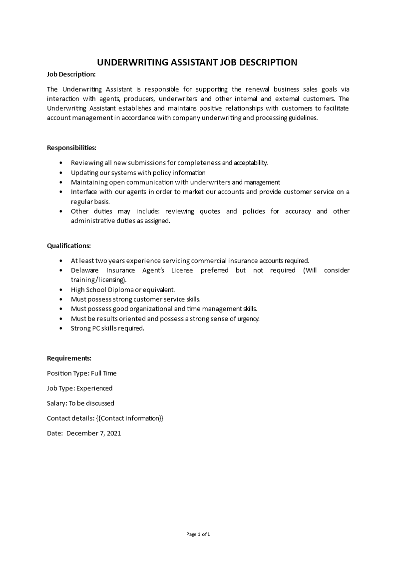 underwriting assistant job description Main Image underwriting assistant job description
