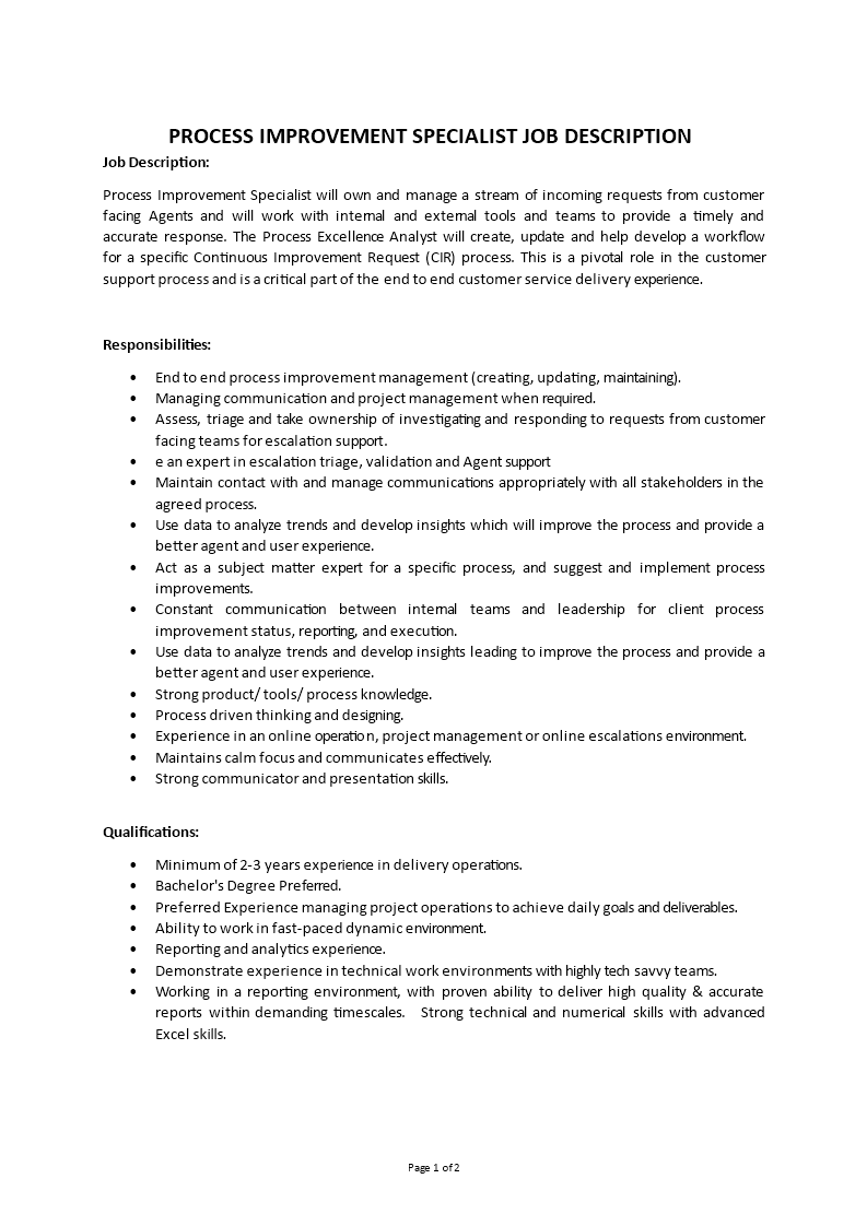 process improvement specialist job description Main Image process improvement specialist job description