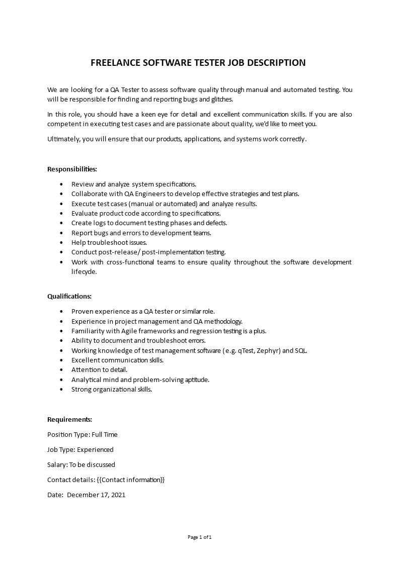 freelance software tester job description