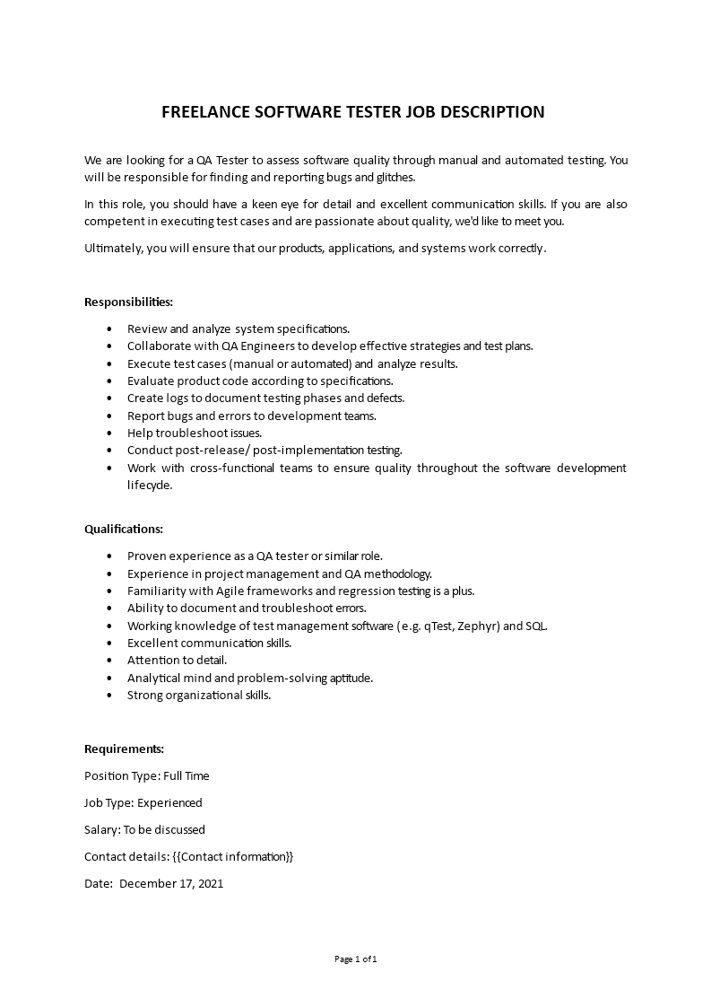 freelance software tester job description Main Image freelance software tester job description template