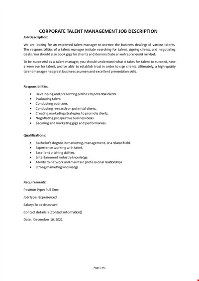 Talent Management Job Description