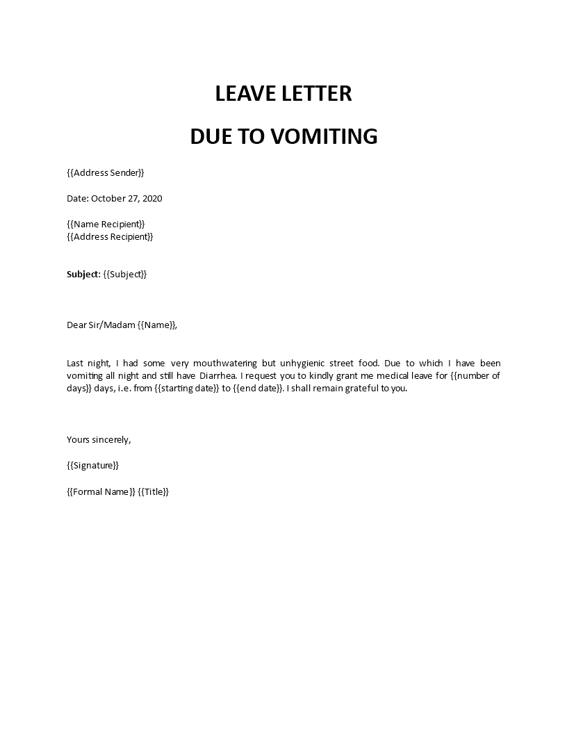 leave letter due to vomiting