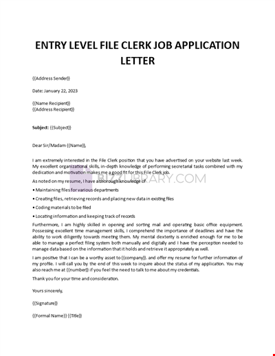 Entry Level File Clerk Job Application Letter
