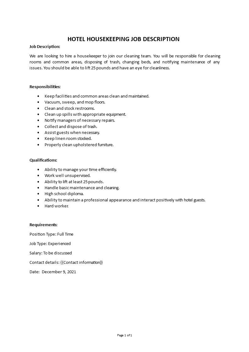 hotel housekeeping job description