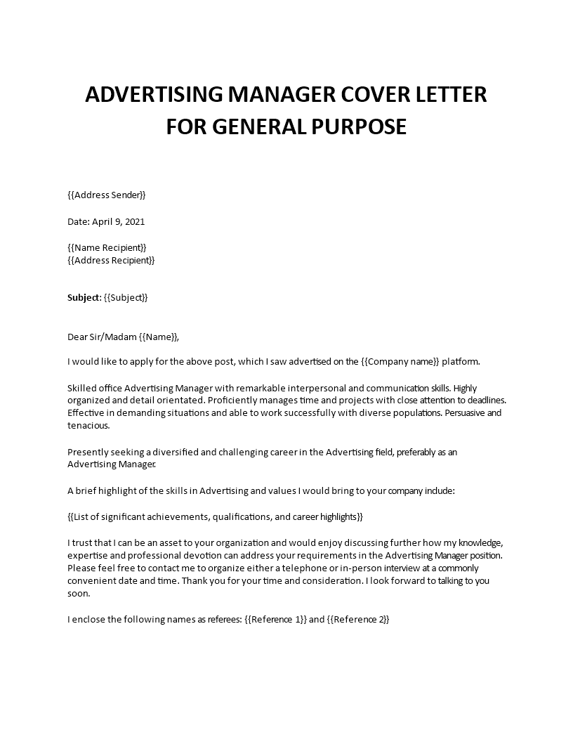 advertising manager cover letter 