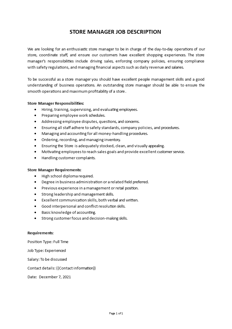 store manager job description Main Image store manager job description