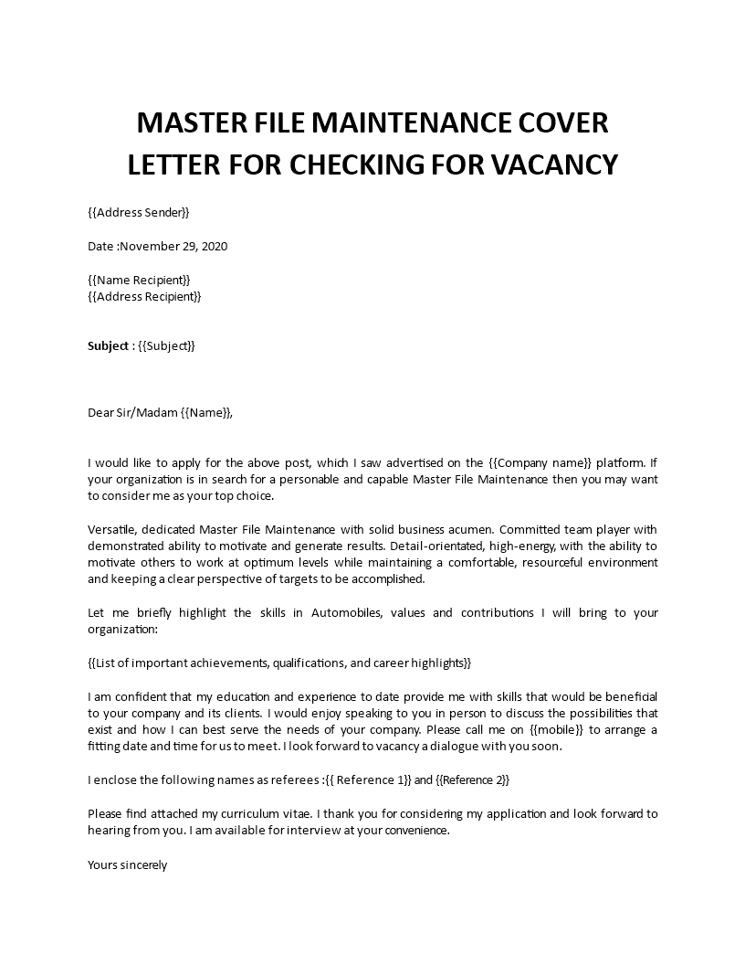 maintenance mechanic  application letter template