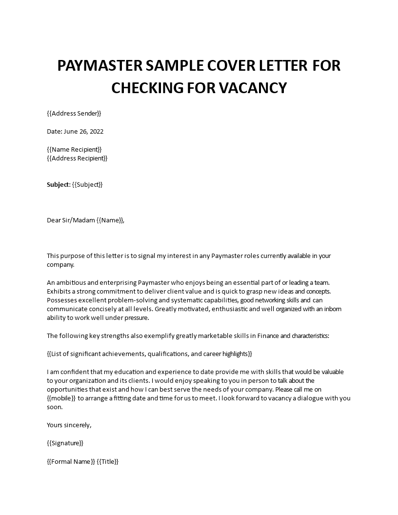 paymaster sample cover letter