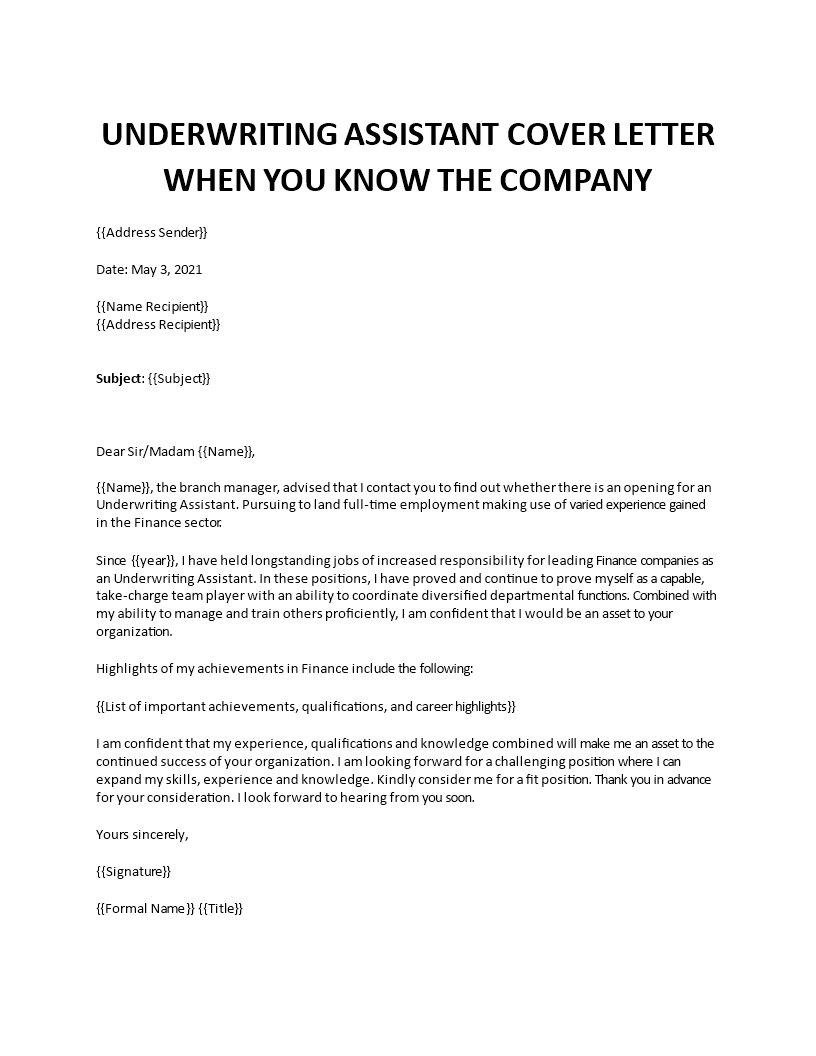 underwriting assistant cover letter