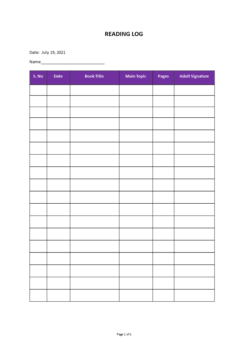 reading log template