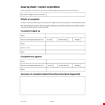 Log Sheet for Complaint Details | Corporation Owners' Log Sheet | Corporations example document template