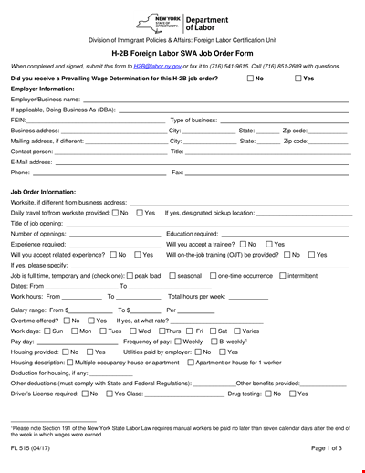 Foreign Labor Job Order Form