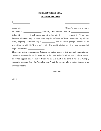 Sample Promissory Note Template with Interest for Principal Maker