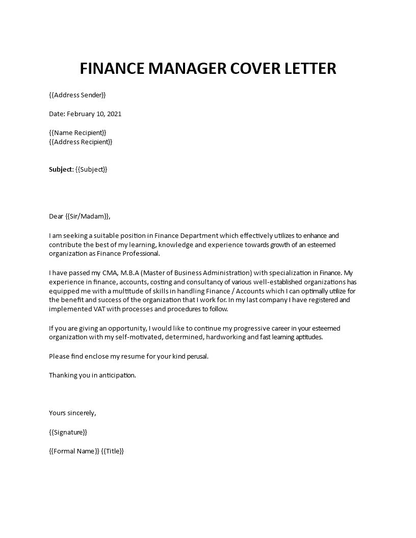 finance manager cover letter