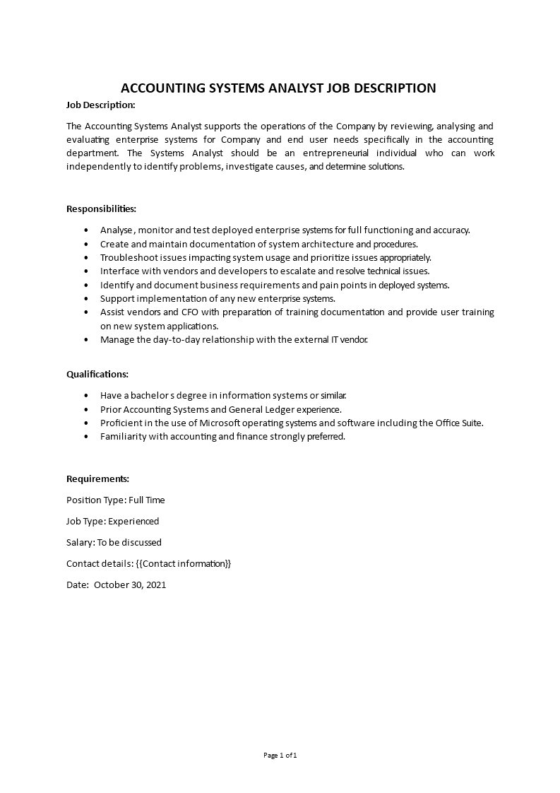 accounting system analyst job description template