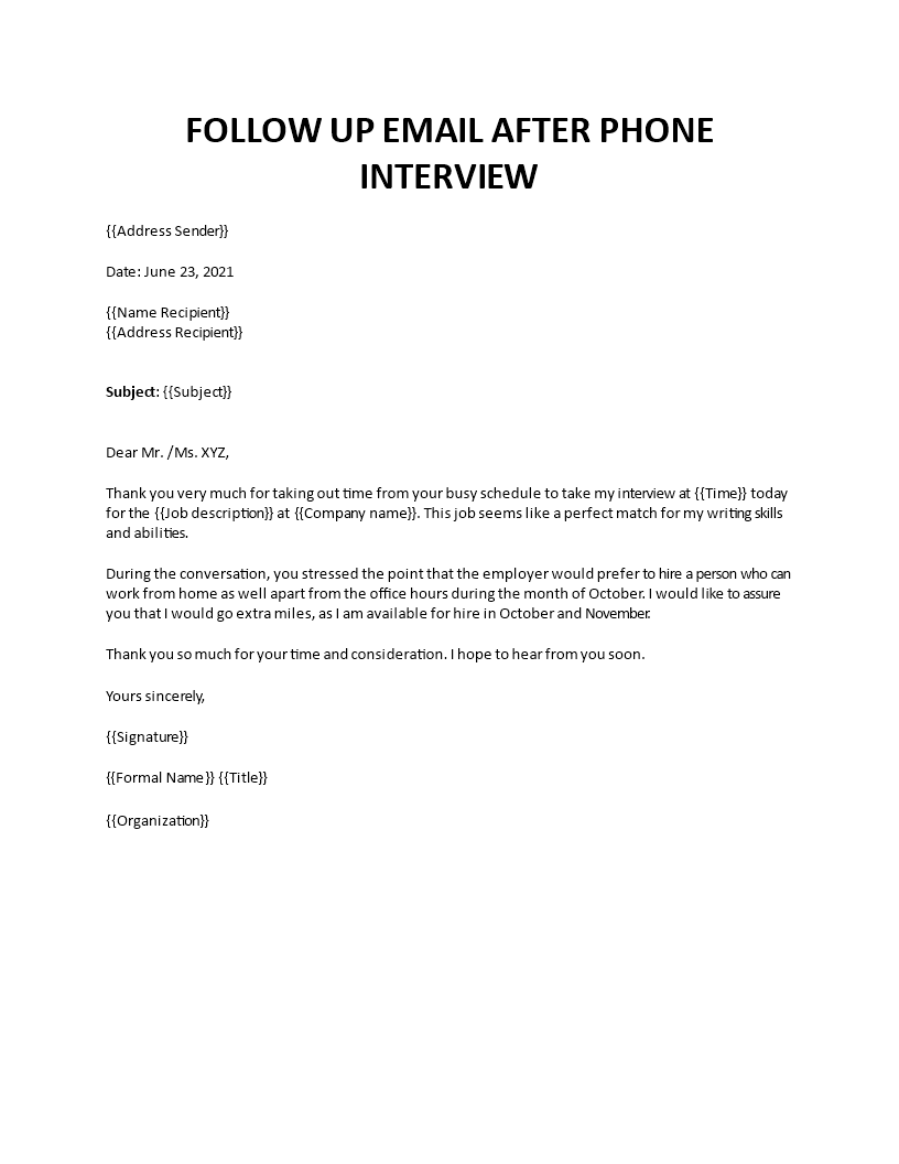 follow up email after phone interview template