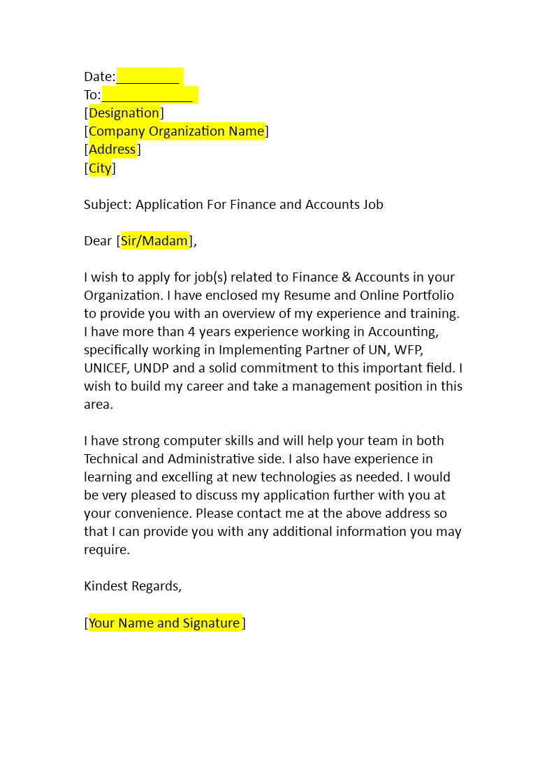 application for finance job format