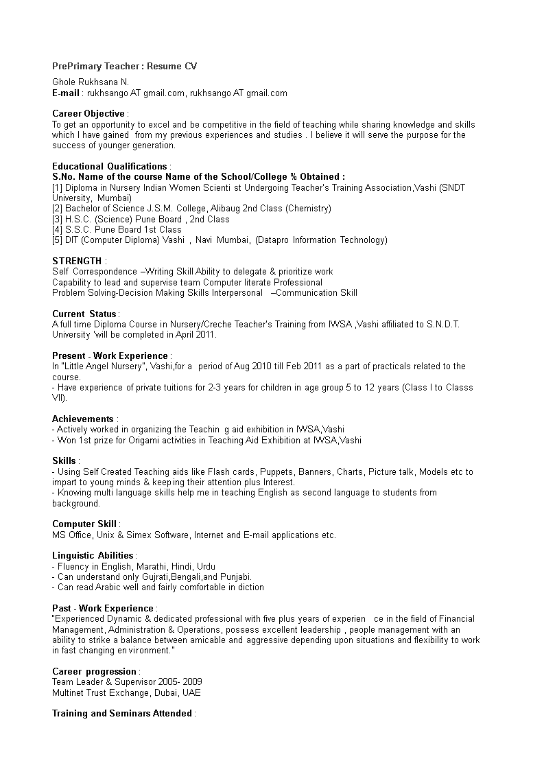 Pre Primary School Teacher Resume pre-primary-school-teacher-resume