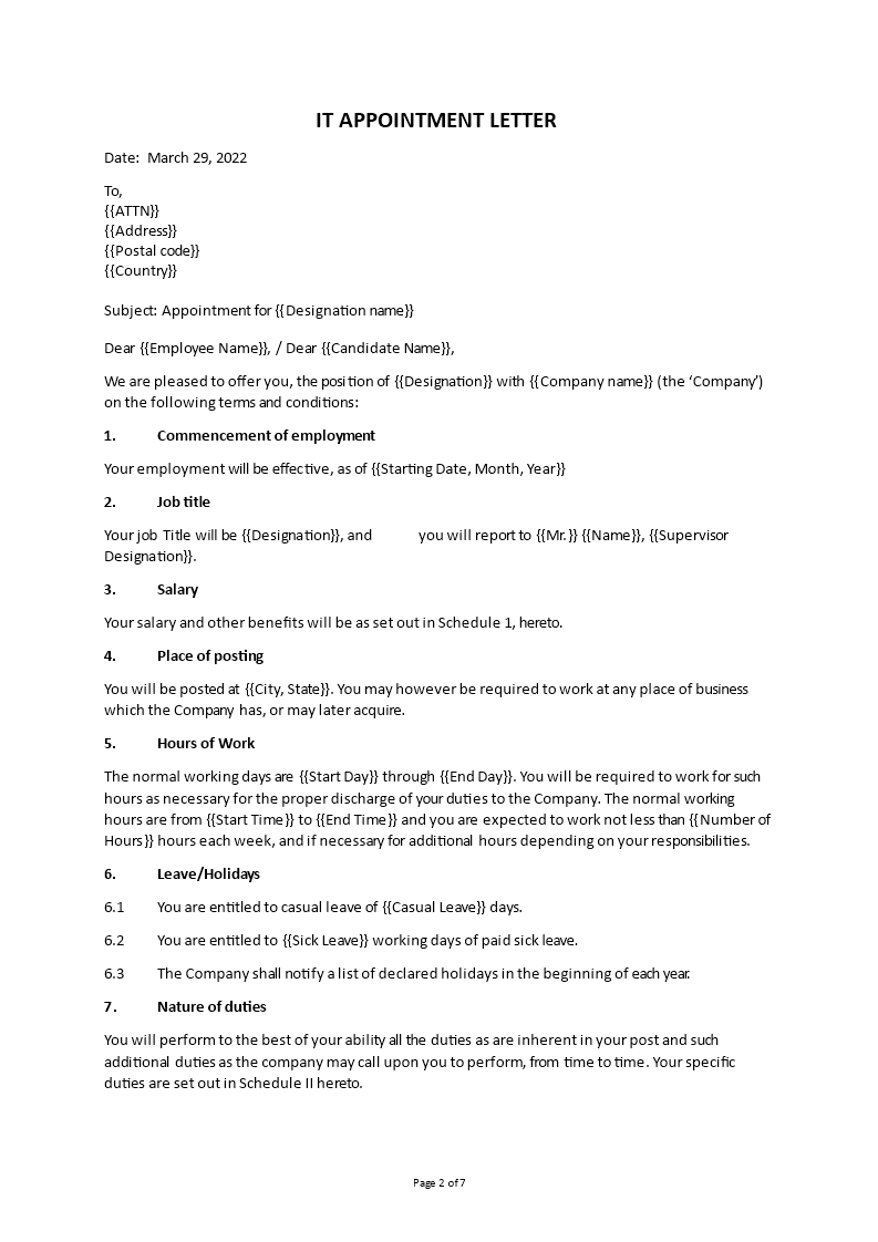 employment appointment letter template