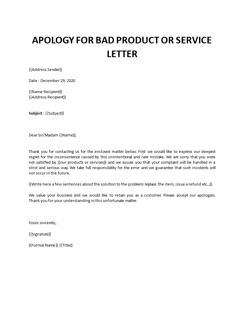 sample apology letter to customer for bad product