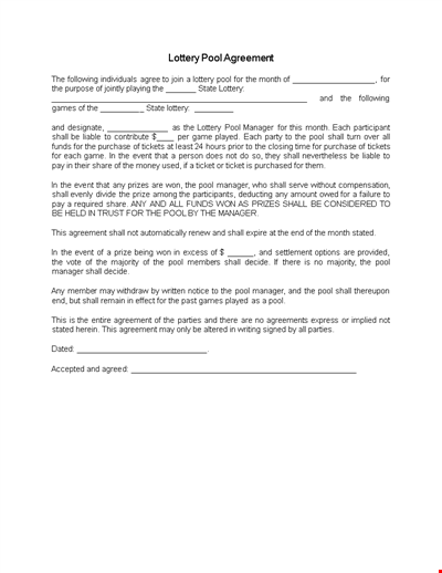 Legal Lottery Pool Agreement Template - Manager's Agreement for Lottery Pool