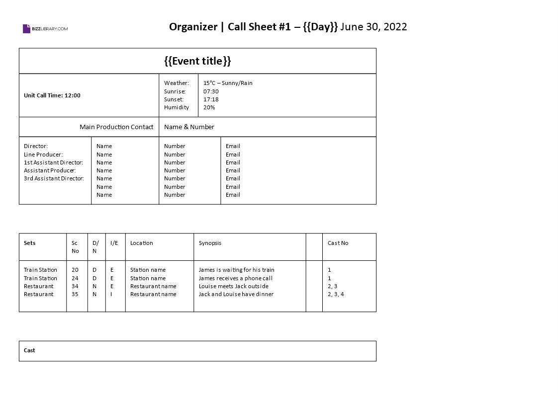 film call sheet template