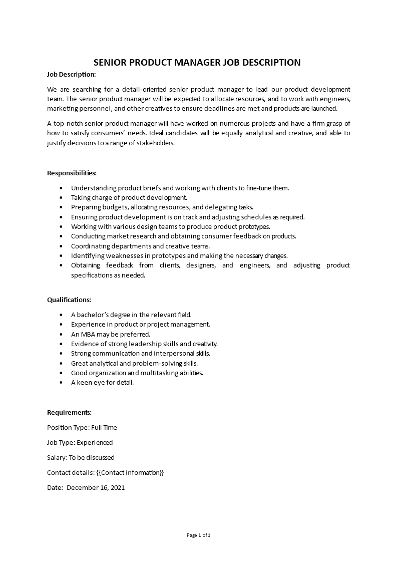 senior product manager job description