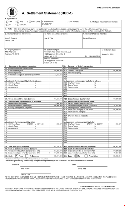 Example of Loan Settlement Statement - Insurance and Title included